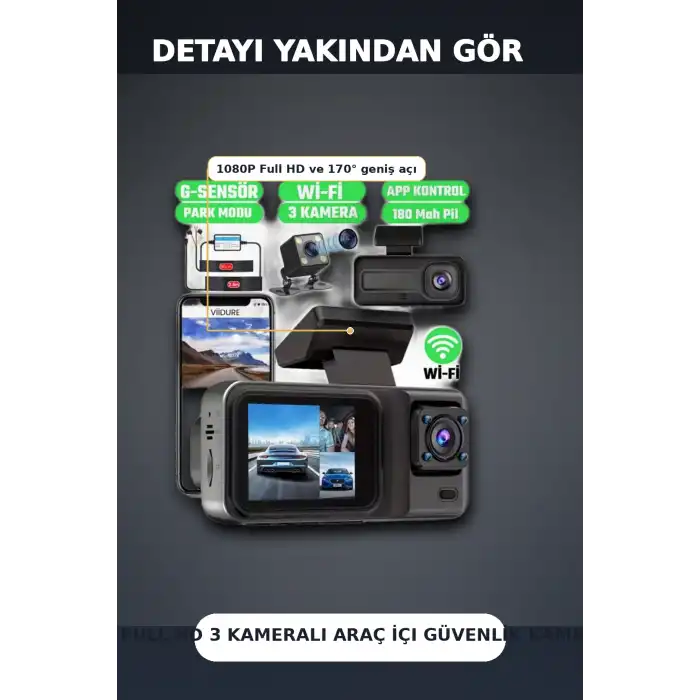 1080P Full HD 3 Kameralı Wi-Fi Araç İçi Yol Kayıt Kamerası Seti 170 Derece Park Modlu
