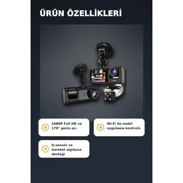 1080P Full HD 3 Kameralı Wi-Fi Araç İçi Yol Kayıt Kamerası Seti 170 Derece Park Modlu