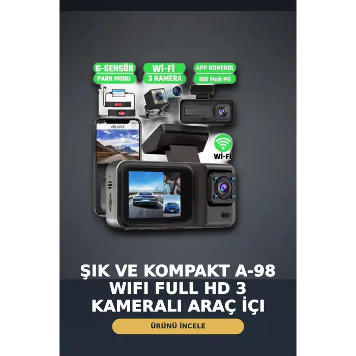 1080P Full HD 3 Kameralı Wi-Fi Araç İçi Yol Kayıt Kamerası Seti 170 Derece Park Modlu