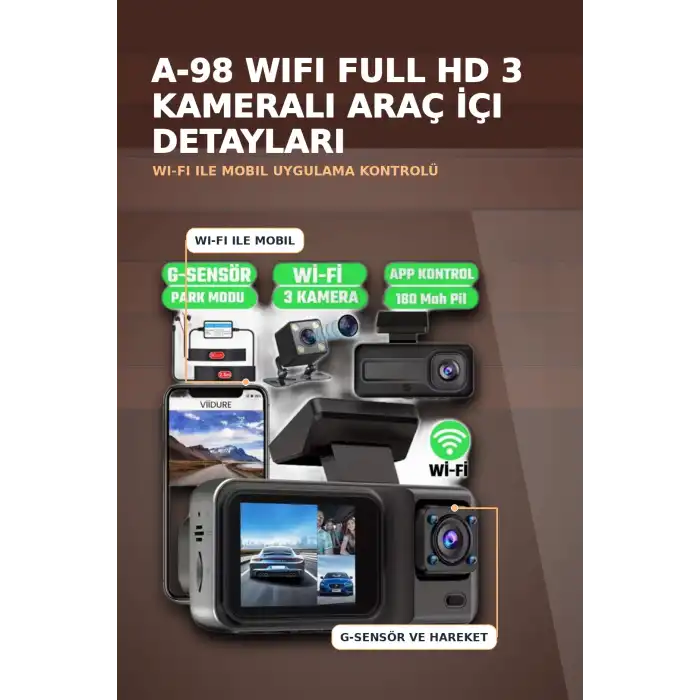 1080P Full HD 3 Kameralı Wi-Fi Destekli Araç İçi Yol Kayıt Kamerası 170 Derece Geniş Açı
