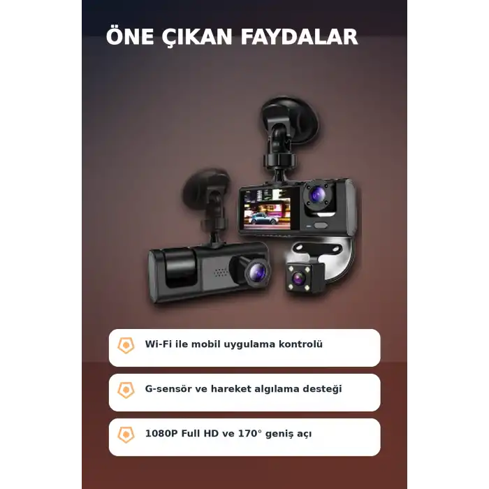 1080P Full HD 3 Kameralı Wi-Fi Destekli Araç İçi Yol Kayıt Kamerası 170 Derece Geniş Açı