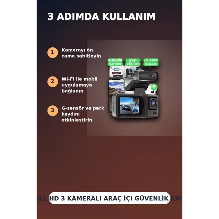 1080P Full HD 3 Kameralı Wi-Fi Destekli Araç İçi Yol Kayıt Kamerası 170 Derece Geniş Açı