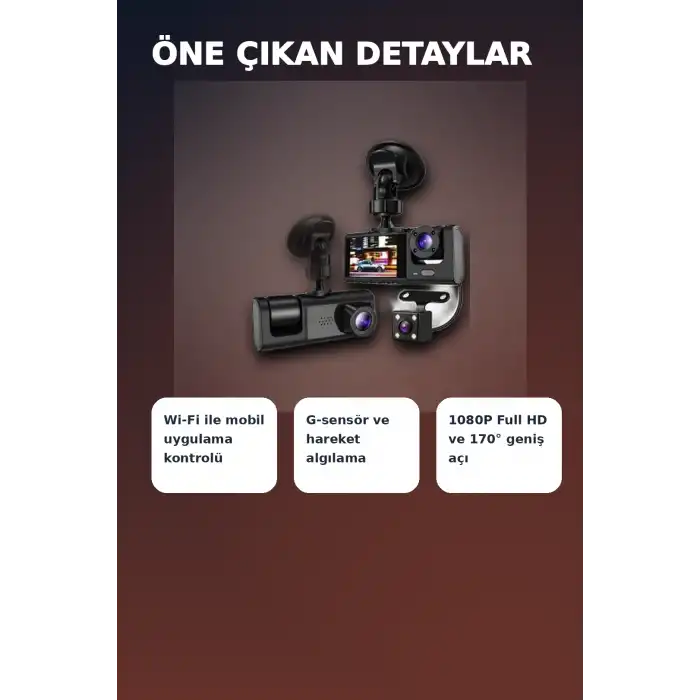1080P Full HD 3 Kameralı Wi-Fi Destekli Araç İçi Yol Kayıt Kamerası 170 Derece Geniş Açı