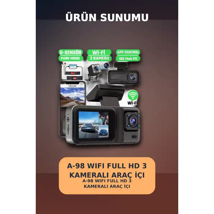 1080P Full HD 3 Kameralı Wi-Fi Destekli Araç İçi Yol Kayıt Kamerası 170 Derece Geniş Açı