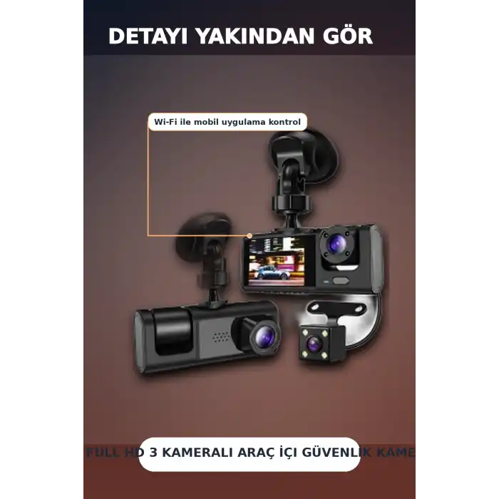 1080P Full HD 3 Kameralı Wi-Fi Destekli Araç İçi Yol Kayıt Kamerası 170 Derece Geniş Açı