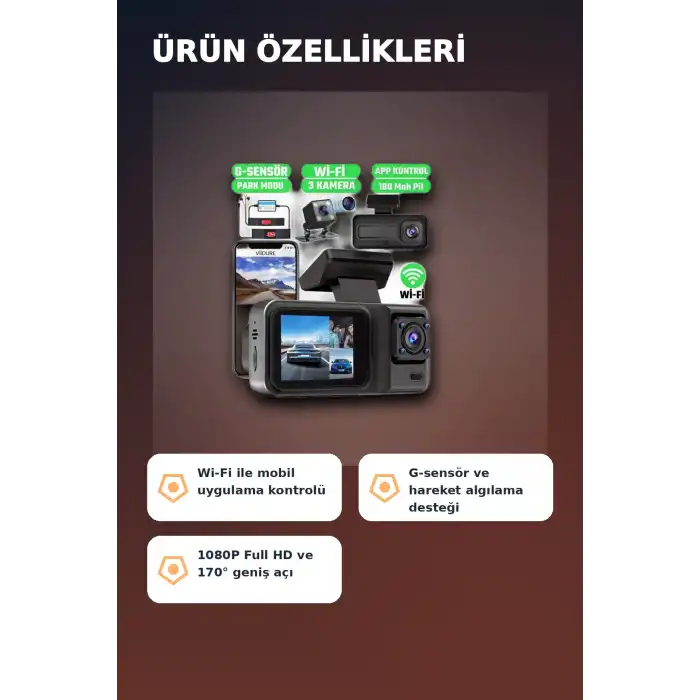 1080P Full HD 3 Kameralı Wi-Fi Destekli Araç İçi Yol Kayıt Kamerası 170 Derece Geniş Açı