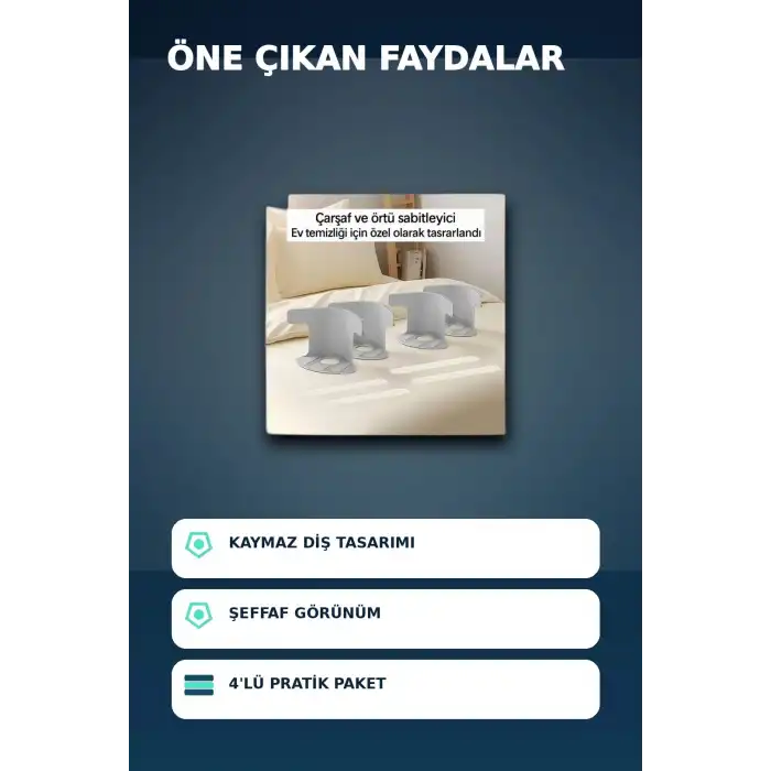 4lü Şeffaf Çarşaf ve Yorgan Sabitleyici – Kaymaz Dişli Tasarım, Ev Temizliği İçin Pratik Çözüm