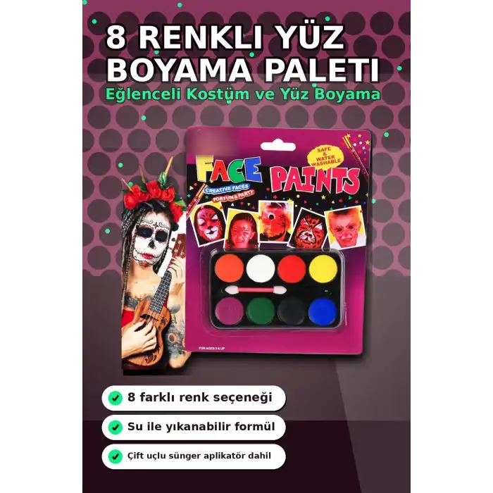 8 Renkli Yüz Boyama Paleti Fırça Hediyeli - Çocuk Parti Makyaj Seti 1 Adet BX-313451
