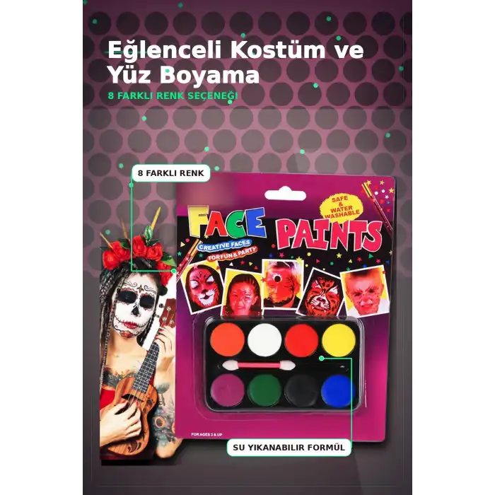 8 Renkli Yüz Boyama Paleti Fırça Hediyeli - Çocuk Parti Makyaj Seti 1 Adet BX-313451