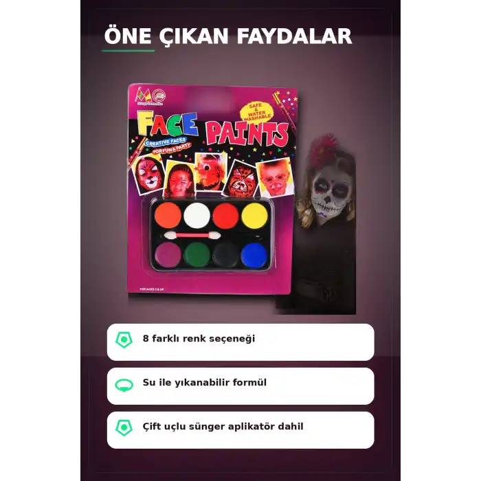 8 Renkli Yüz Boyama Paleti Fırça Hediyeli - Çocuk Parti Makyaj Seti 1 Adet BX-313451