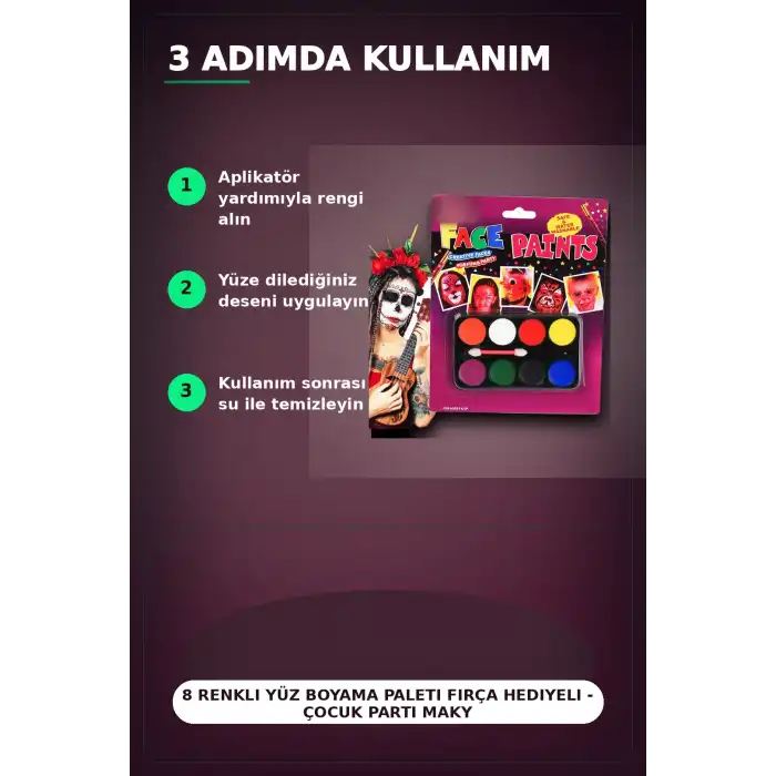 8 Renkli Yüz Boyama Paleti Fırça Hediyeli - Çocuk Parti Makyaj Seti 1 Adet BX-313451