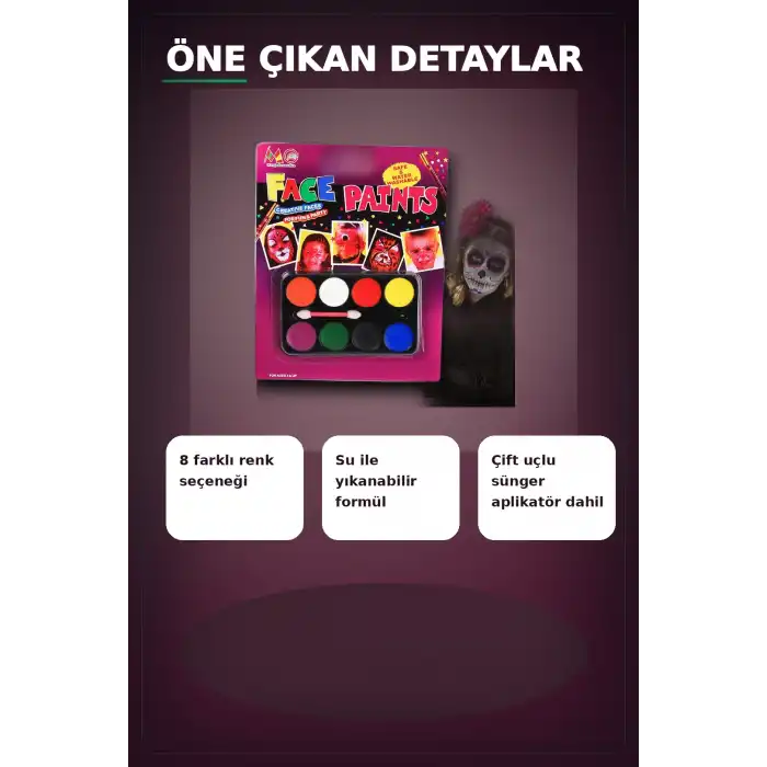 8 Renkli Yüz Boyama Paleti Fırça Hediyeli - Çocuk Parti Makyaj Seti 1 Adet BX-313451