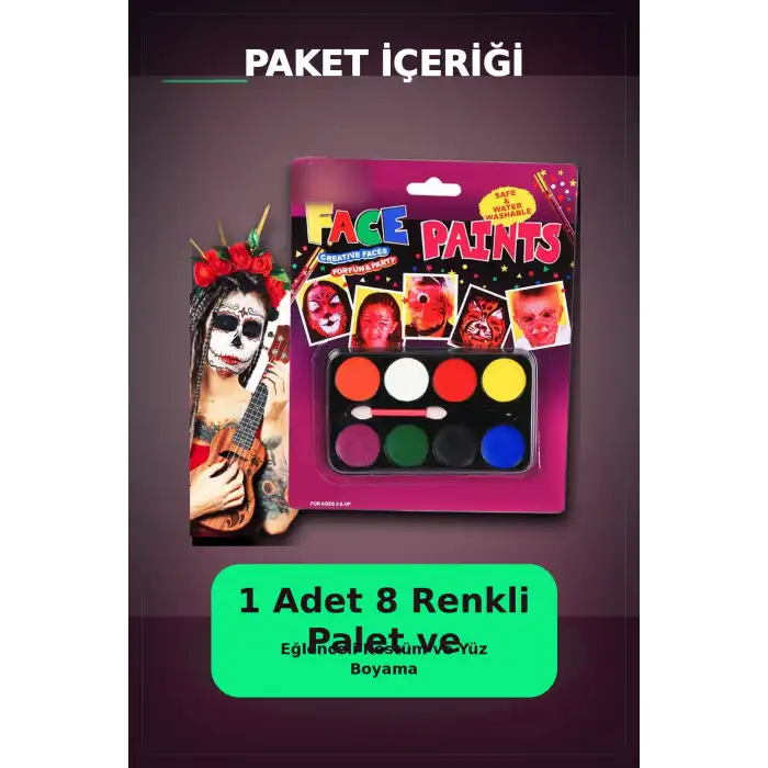 8 Renkli Yüz Boyama Paleti Fırça Hediyeli - Çocuk Parti Makyaj Seti 1 Adet BX-313451