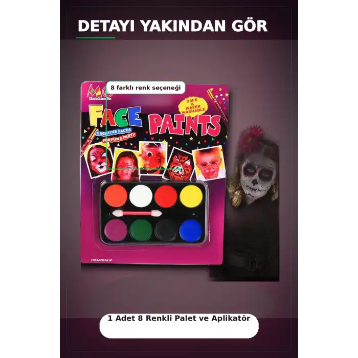 8 Renkli Yüz Boyama Paleti Fırça Hediyeli - Çocuk Parti Makyaj Seti 1 Adet BX-313451