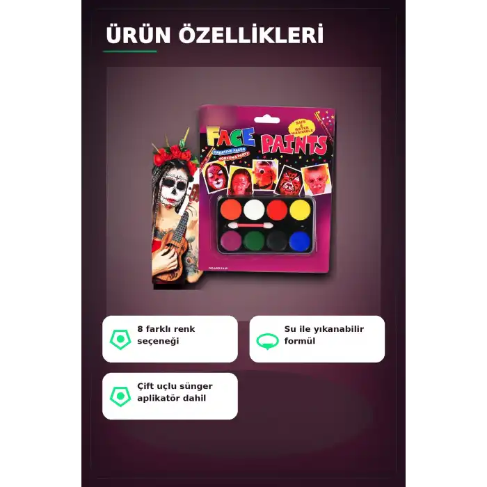 8 Renkli Yüz Boyama Paleti Fırça Hediyeli - Çocuk Parti Makyaj Seti 1 Adet BX-313451