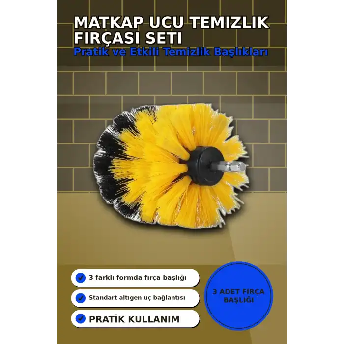 Yuvarlak Kafalı 3 Parça Matkap Temizlik Fırçası Seti Banyo Mutfak Araba Koltuk BX-313450