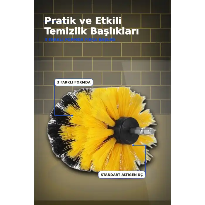 Yuvarlak Kafalı 3 Parça Matkap Temizlik Fırçası Seti Banyo Mutfak Araba Koltuk BX-313450