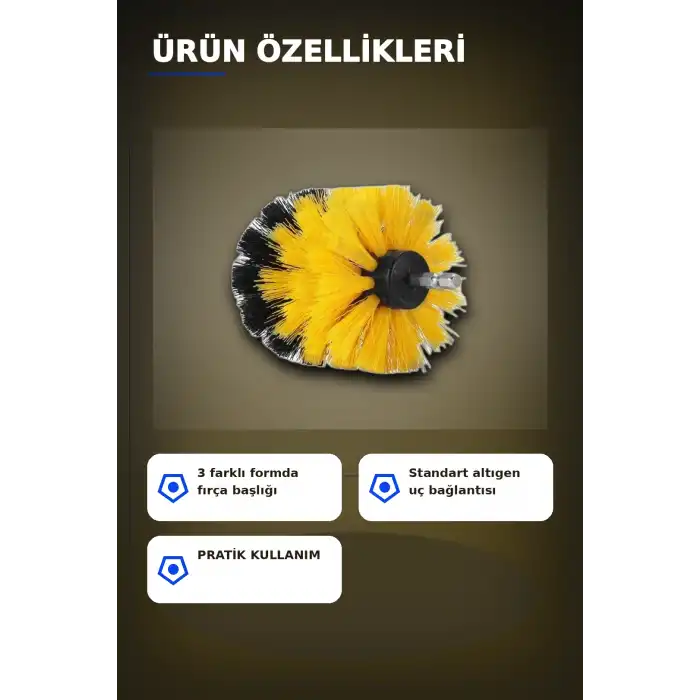 Yuvarlak Kafalı 3 Parça Matkap Temizlik Fırçası Seti Banyo Mutfak Araba Koltuk BX-313450