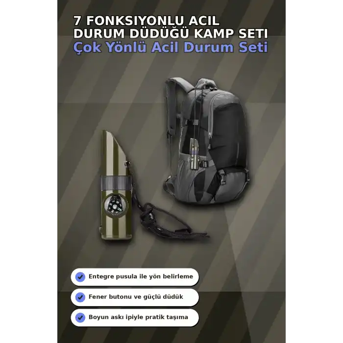 7 Fonksiyonlu Acil Durum Düdüğü El Feneri Pusula Termometre Kampçı Düdüğü 1 Adet BX-313448