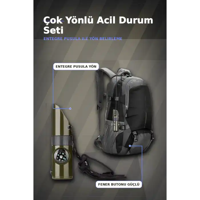 7 Fonksiyonlu Acil Durum Düdüğü El Feneri Pusula Termometre Kampçı Düdüğü 1 Adet BX-313448