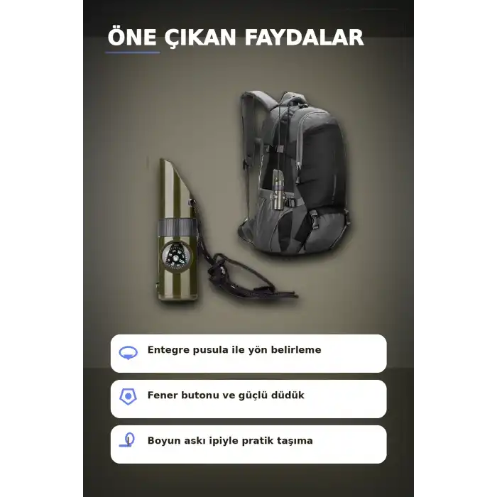 7 Fonksiyonlu Acil Durum Düdüğü El Feneri Pusula Termometre Kampçı Düdüğü 1 Adet BX-313448