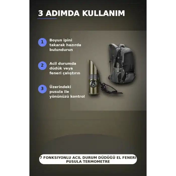 7 Fonksiyonlu Acil Durum Düdüğü El Feneri Pusula Termometre Kampçı Düdüğü 1 Adet BX-313448