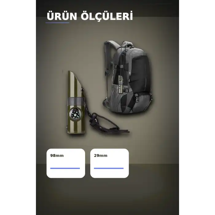 7 Fonksiyonlu Acil Durum Düdüğü El Feneri Pusula Termometre Kampçı Düdüğü 1 Adet BX-313448