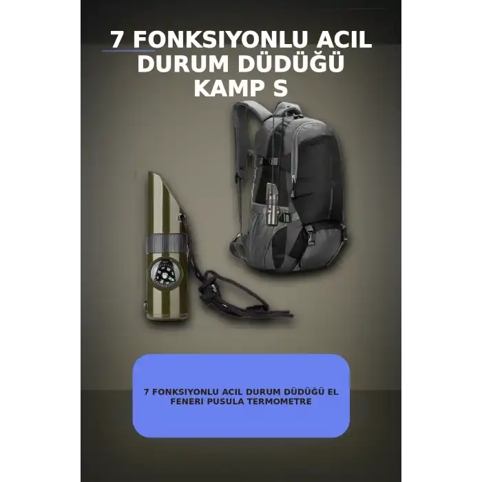 7 Fonksiyonlu Acil Durum Düdüğü El Feneri Pusula Termometre Kampçı Düdüğü 1 Adet BX-313448