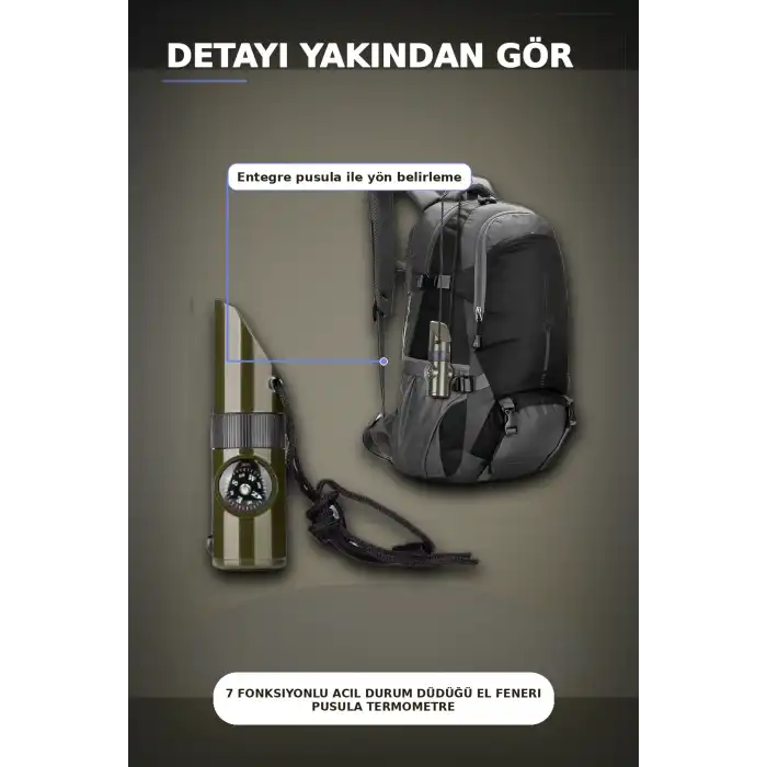 7 Fonksiyonlu Acil Durum Düdüğü El Feneri Pusula Termometre Kampçı Düdüğü 1 Adet BX-313448