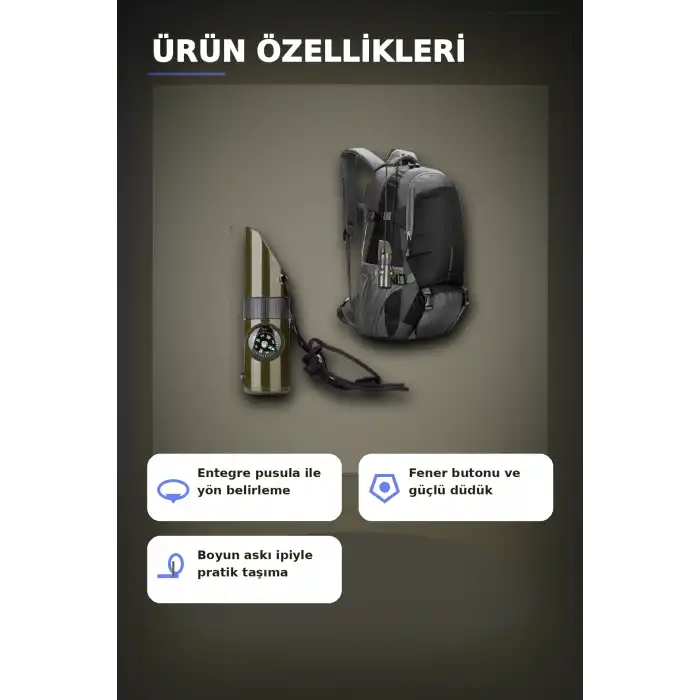 7 Fonksiyonlu Acil Durum Düdüğü El Feneri Pusula Termometre Kampçı Düdüğü 1 Adet BX-313448