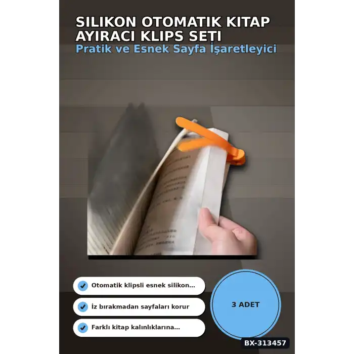 Silikon Otomatik Kitap Ayıracı 3 Adet Klips Seti - Akıllı Yer İmi Okuma Aksesuarı BX-313457