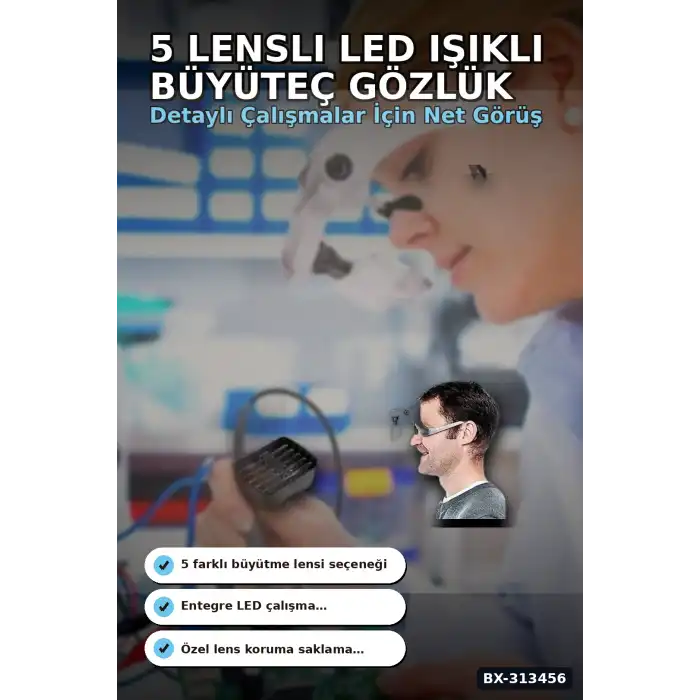 5 Lensli 2 LED Işıklı Büyüteç Gözlük - Ayarlanabilir Pilli Model, Hobi ve Tamir İçin BX-313456