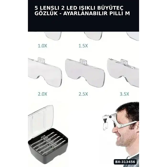 5 Lensli 2 LED Işıklı Büyüteç Gözlük - Ayarlanabilir Pilli Model, Hobi ve Tamir İçin BX-313456