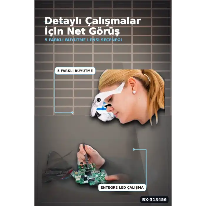 5 Lensli 2 LED Işıklı Büyüteç Gözlük - Ayarlanabilir Pilli Model, Hobi ve Tamir İçin BX-313456