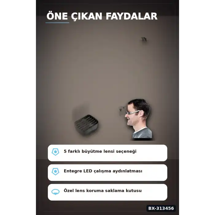 5 Lensli 2 LED Işıklı Büyüteç Gözlük - Ayarlanabilir Pilli Model, Hobi ve Tamir İçin BX-313456