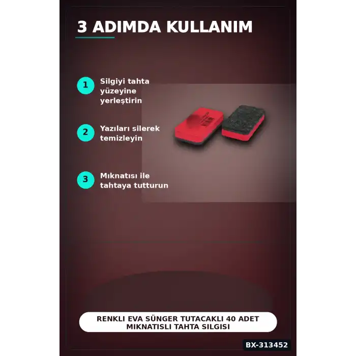 Renkli Eva Sünger Tutacaklı 40 Adet Mıknatıslı Tahta Silgisi - Sınıf Kullanımına Uygun BX-313452