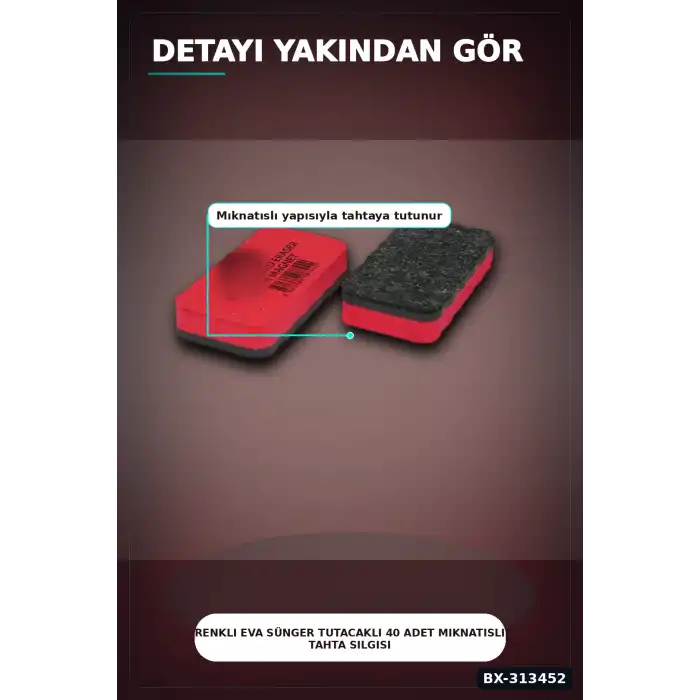 Renkli Eva Sünger Tutacaklı 40 Adet Mıknatıslı Tahta Silgisi - Sınıf Kullanımına Uygun BX-313452