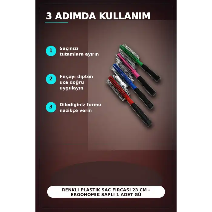 Renkli Plastik Saç Fırçası 23 cm - Ergonomik Saplı 1 Adet Günlük Kullanım BX-313447