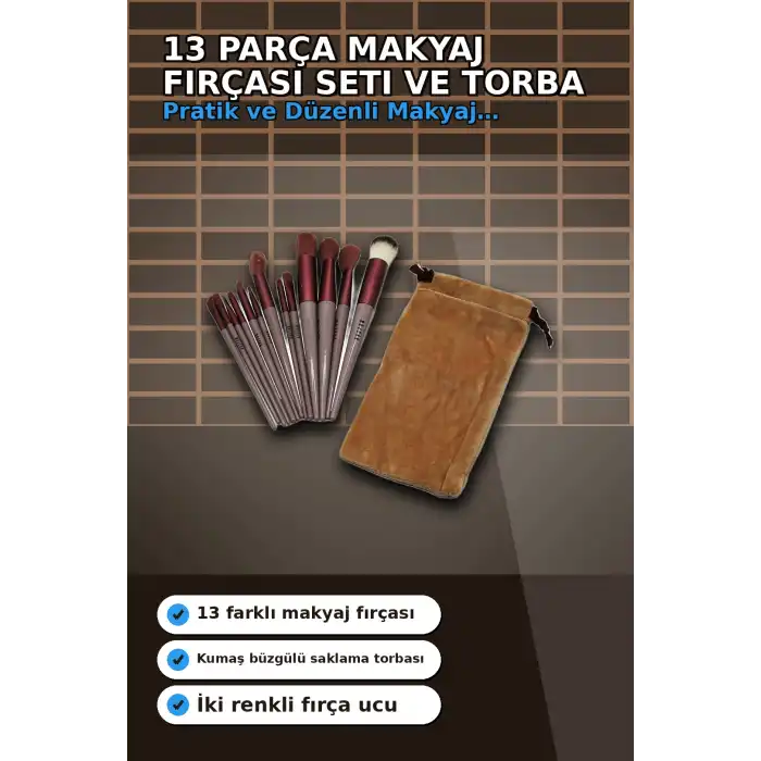 13 Parça Eflatun Kadife Torbalı Makyaj Fırça Seti Bx40 Seyahat Çantası Hediyelik BX-313446