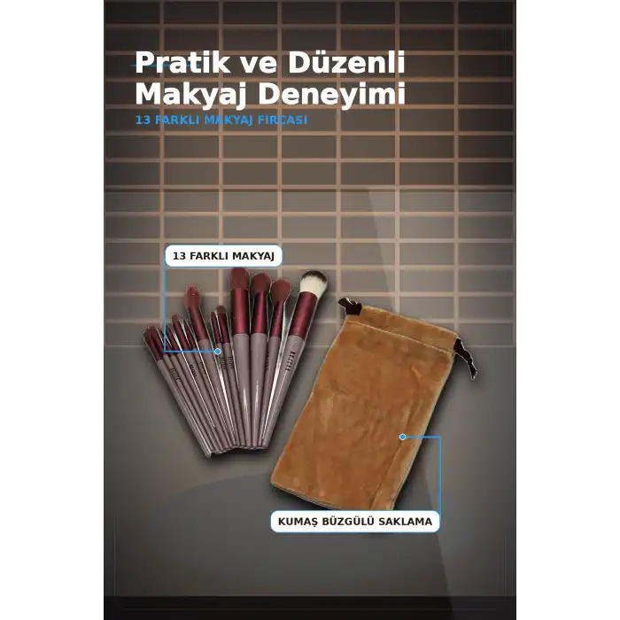 13 Parça Eflatun Kadife Torbalı Makyaj Fırça Seti Bx40 Seyahat Çantası Hediyelik BX-313446