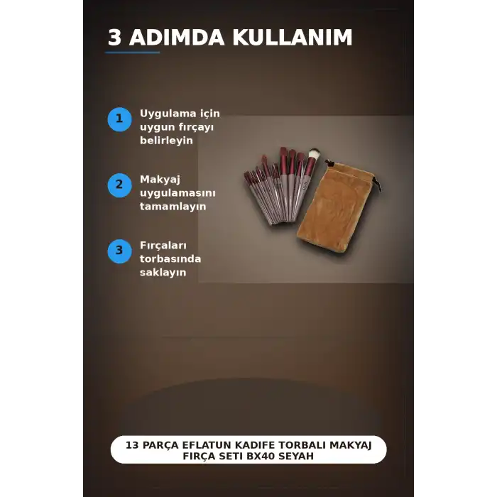 13 Parça Eflatun Kadife Torbalı Makyaj Fırça Seti Bx40 Seyahat Çantası Hediyelik BX-313446