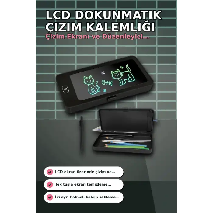 LCD Dokunmatik Çizim Kalemliği Siyah - 2 Bölmeli Kalemlik, Eğitici Çocuk Oyuncak BX-313442
