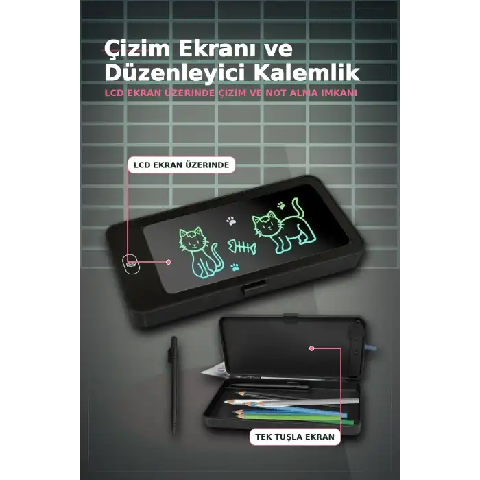 LCD Dokunmatik Çizim Kalemliği Siyah - 2 Bölmeli Kalemlik, Eğitici Çocuk Oyuncak BX-313442