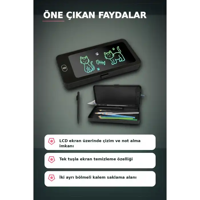 LCD Dokunmatik Çizim Kalemliği Siyah - 2 Bölmeli Kalemlik, Eğitici Çocuk Oyuncak BX-313442
