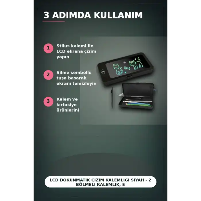 LCD Dokunmatik Çizim Kalemliği Siyah - 2 Bölmeli Kalemlik, Eğitici Çocuk Oyuncak BX-313442