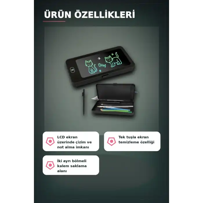 LCD Dokunmatik Çizim Kalemliği Siyah - 2 Bölmeli Kalemlik, Eğitici Çocuk Oyuncak BX-313442