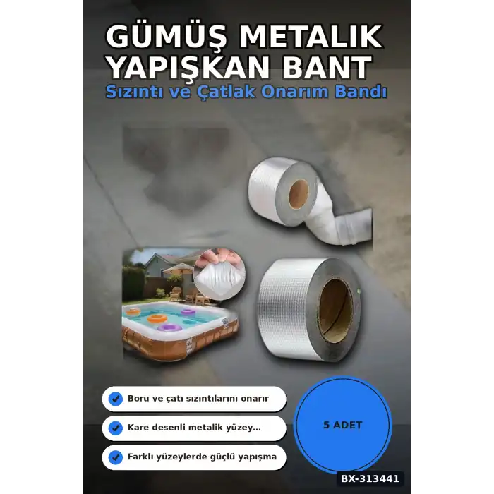 Kare Desenli Gümüş Metalik 10cmx5m Yapışkan Bant 5li Paket Çatı Duvar Boru Onarım BX-313441