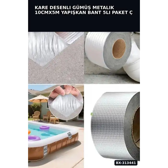 Kare Desenli Gümüş Metalik 10cmx5m Yapışkan Bant 5li Paket Çatı Duvar Boru Onarım BX-313441