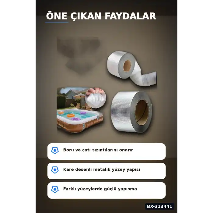 Kare Desenli Gümüş Metalik 10cmx5m Yapışkan Bant 5li Paket Çatı Duvar Boru Onarım BX-313441