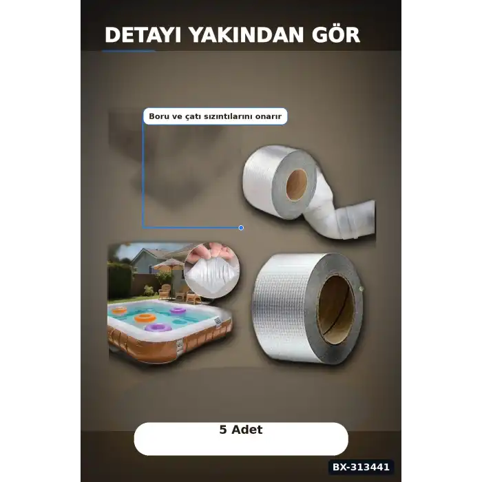 Kare Desenli Gümüş Metalik 10cmx5m Yapışkan Bant 5li Paket Çatı Duvar Boru Onarım BX-313441